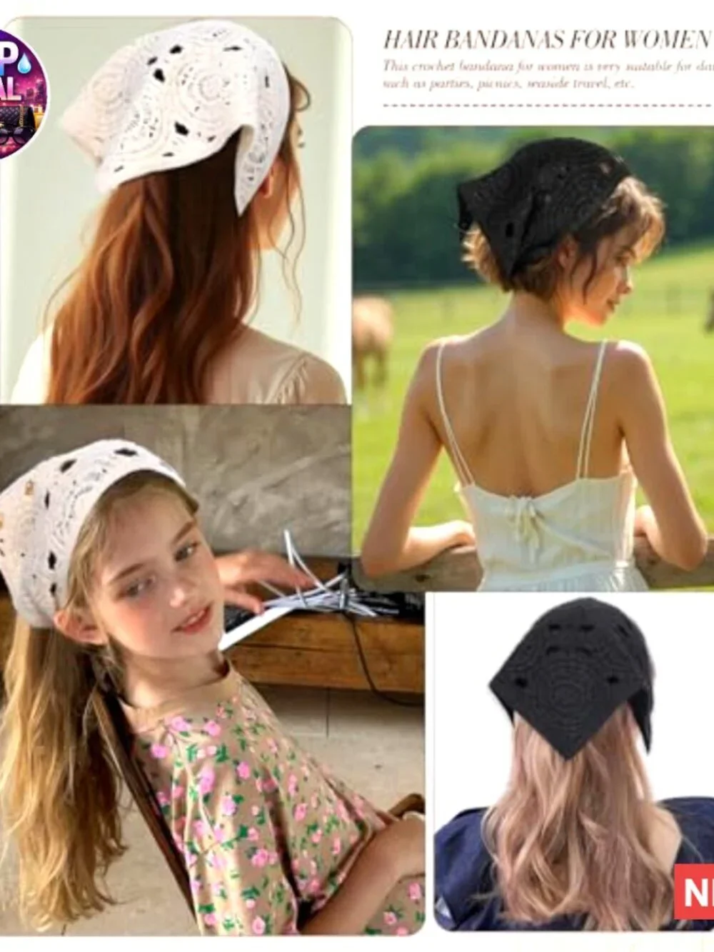 4 Pack Crochet Bandanas Headscarf with Hair Pins, Vintage Floral Headband